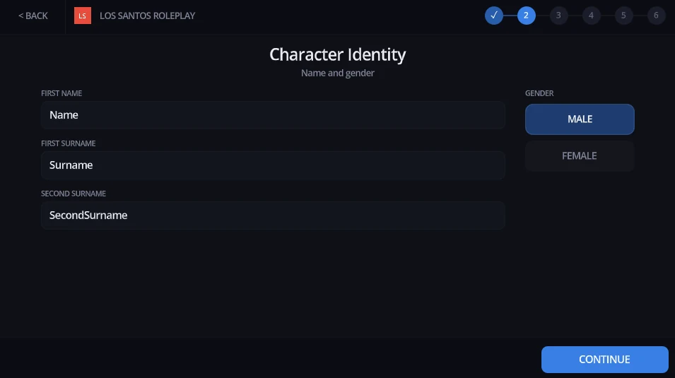 Character identity form: name, surnames and gender, on step 2 of 6