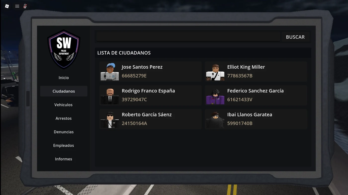 MDT citizen list, with photo and document number, and the side menu with vehicles, arrests, reports, employees and paperwork
