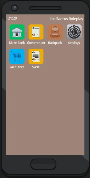 Character's phone with the bank, government, backpack, settings and store apps