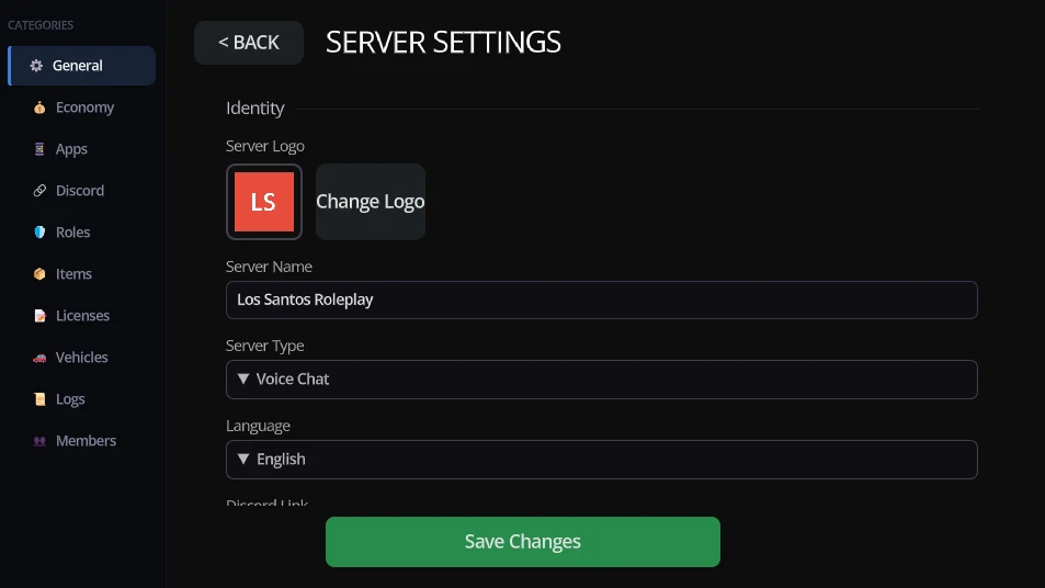 Server settings screen: logo, name, server type, language and Discord link