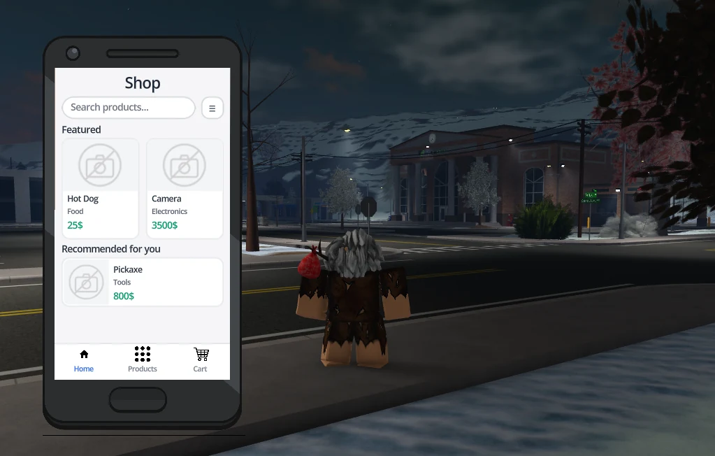 Phone with the store app open over the session, showing products and their price